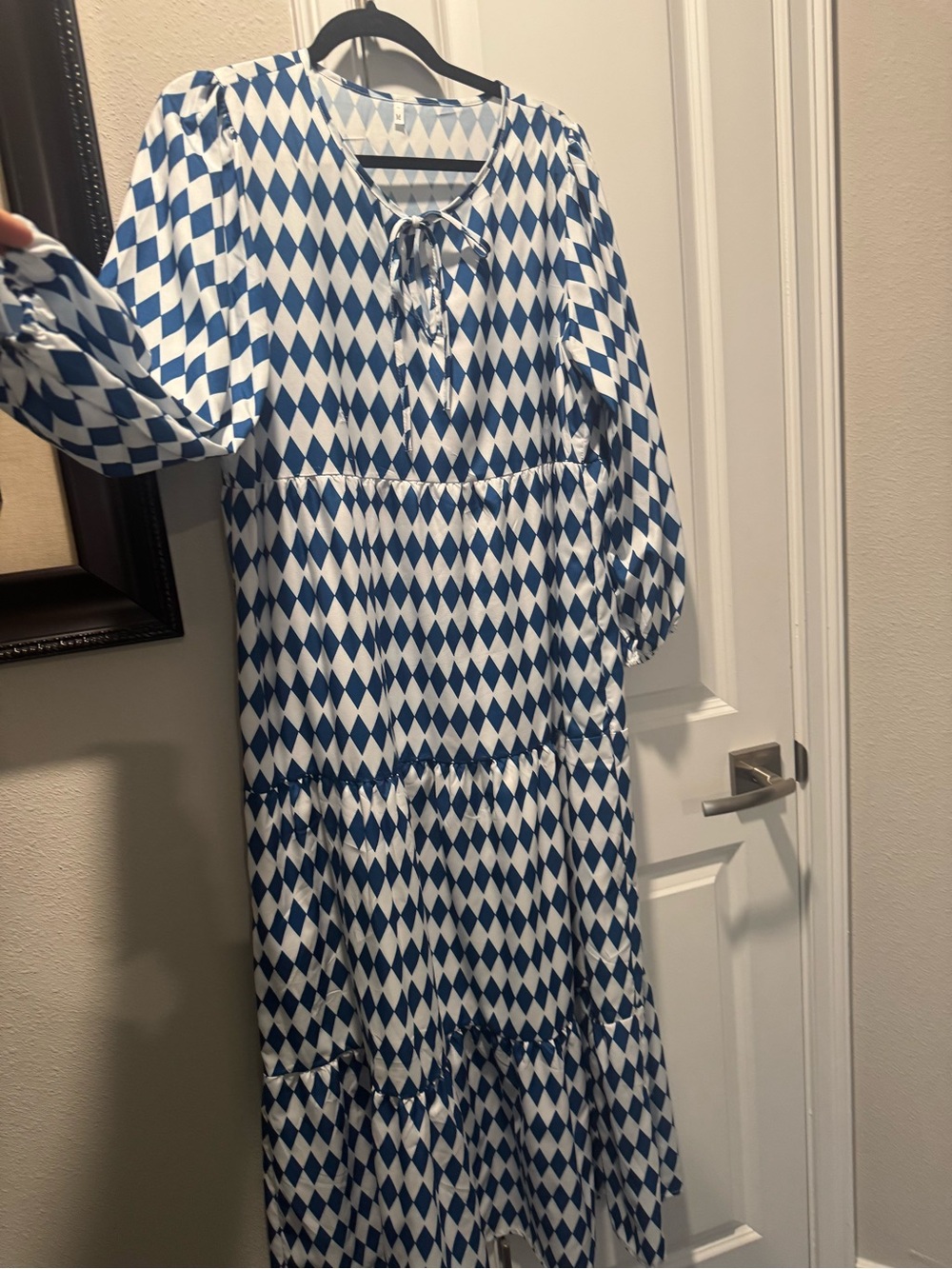 Blue and White Diamond-Print Tiered Casual Maxi Dress